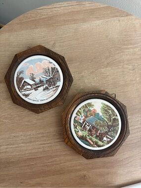 Vintage Currier & Ives Tile Wood Wall Plaques 4.5 inches